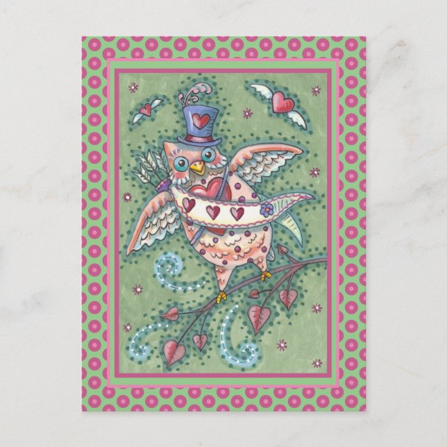 WHIMSICAL HOOTS N' HEARTS CUPID OWL VALENTINE HOLIDAY POSTCARD (Front)