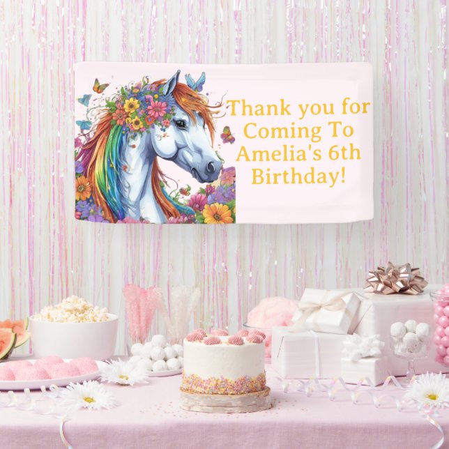Whimsical Horse Rainbow Floral Equestrian Birthday Banner (Party)