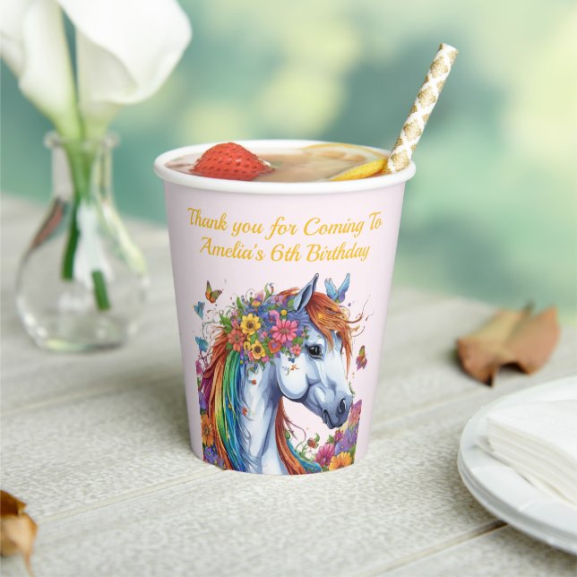 Whimsical Horse Rainbow Floral Equestrian Birthday Paper Cups (Insitu)