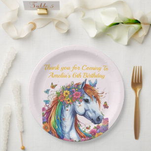 Whimsical Horse Rainbow Floral Equestrian Birthday Paper Plate