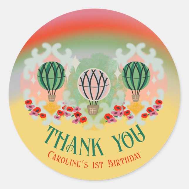 Whimsical Hot Air Balloon Birthday Classic Round Sticker (Front)