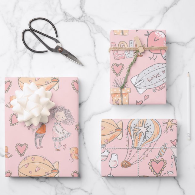 Whimsical hot air balloon cute couple birds pink wrapping paper sheet (Front)