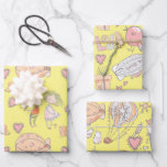Whimsical hot air balloon cute couple love birds wrapping paper sheet<br><div class="desc">A cute and whimsical trio of patterns featuring an illustration of a boy and a girl in love, a cute hand drawn bird, hot air balloons; glasses filled with bubbly and pretty wrapped gifts surrounded by pink hearts with the word love, all set against a background colour of your choice....</div>