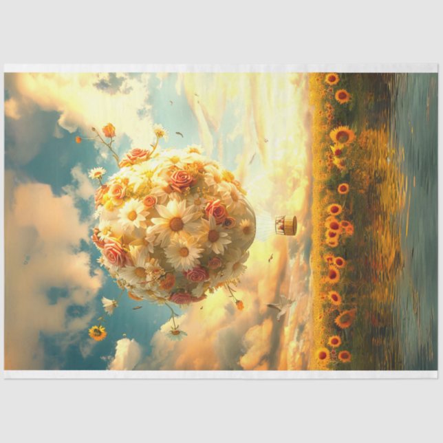 Whimsical Hot Air Balloon Made of Flowers Decoupag Tissue Paper (Front)