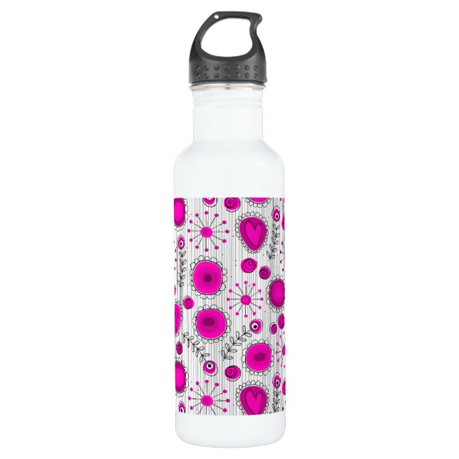 Whimsical hot pink white hearts and flowers floral 710 ml water bottle (Front)