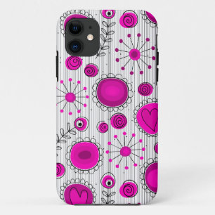Whimsical hot pink white hearts and flowers floral iPhone 11 case