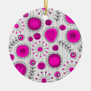 Whimsical hot pink white hearts and flowers floral ceramic ornament