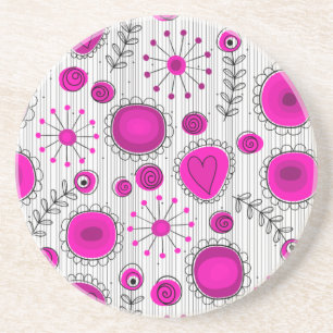 Whimsical hot pink white hearts and flowers floral coaster