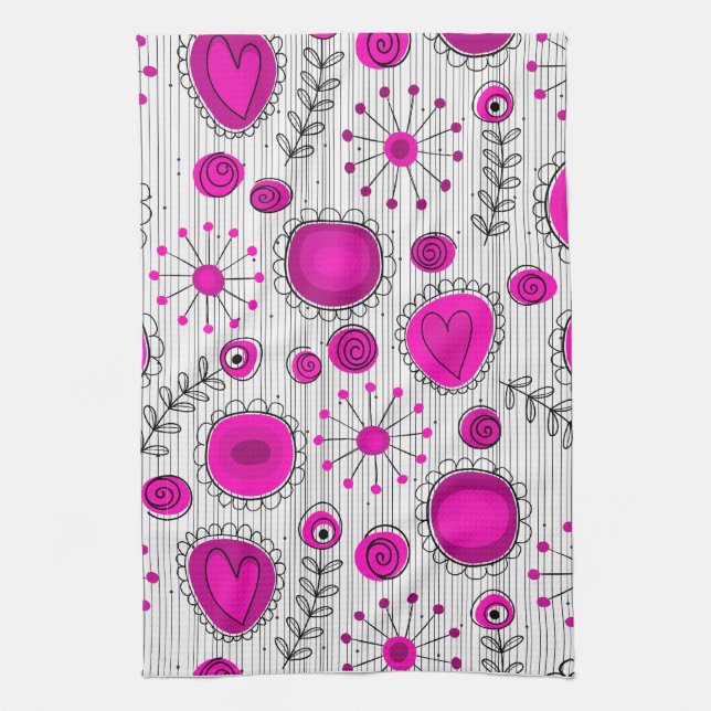 Whimsical hot pink white hearts and flowers floral kitchen towel (Vertical)