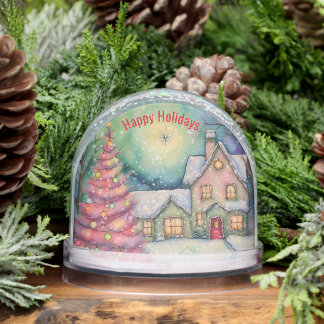 Whimsical House and Christmas Tree Snow Scene