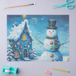 Whimsical House & Snowman Christmas Decoupage Tissue Paper