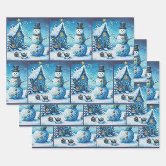 Whimsical House & Snowman Christmas Decoupage Wrapping Paper Sheet