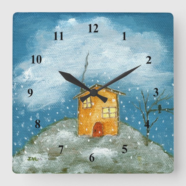Whimsical House Snowstorm Tree Folk Art Painting Square Wall Clock (Front)