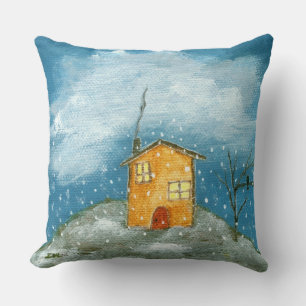 Whimsical House Snowstorm Tree Folk Art Painting Throw Pillow