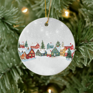 Whimsical houses snow christmas tree ornament