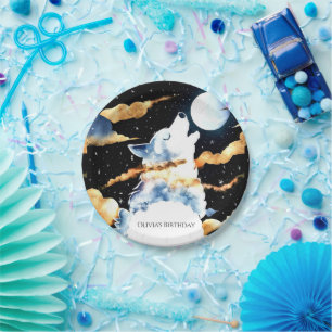 Whimsical Howling Wolf Birthday Paper Plate