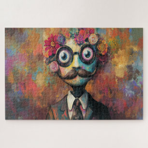 Whimsical Humanoid With Big Eyes and Floral Hair Jigsaw Puzzle