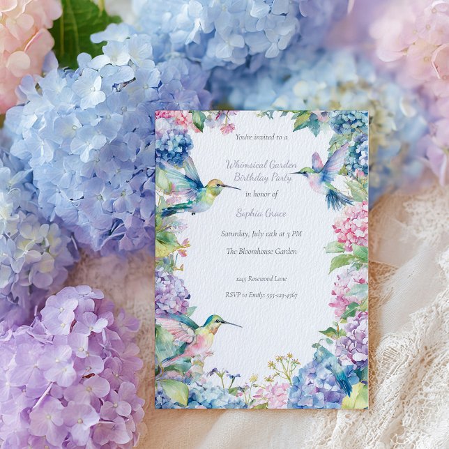 Whimsical Hummingbirds with Hydrangeas Birthday Invitation (Creator Uploaded)
