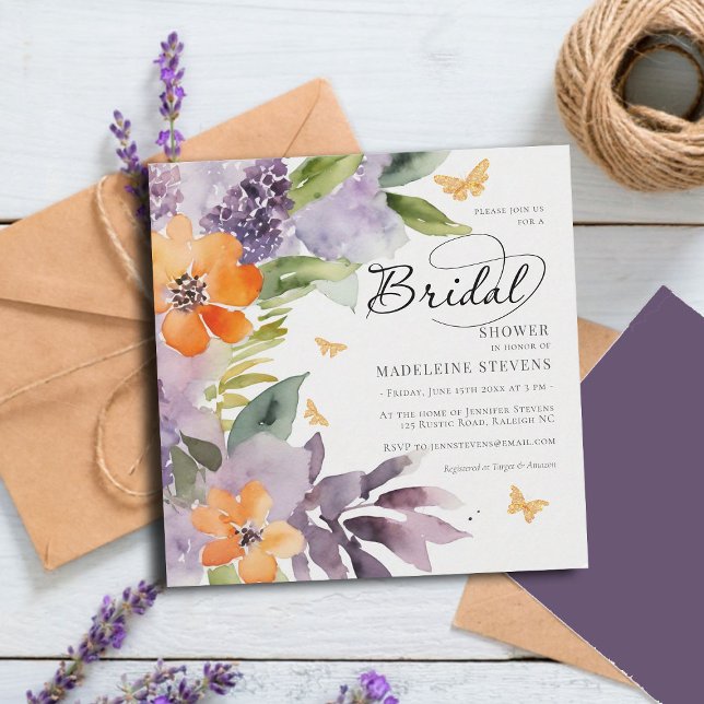 Whimsical Hydrangea Lavender Orange Bridal Shower Invitation (rustic lavender hydrangea purple orange bridal shower invitation modern romantic garden party chic)