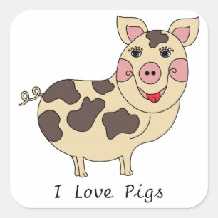 Whimsical I Love Pigs Square Sticker