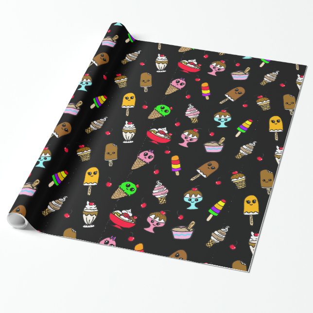 Whimsical Ice Cream and Cherries Birthday Wrapping Paper (Unrolled)