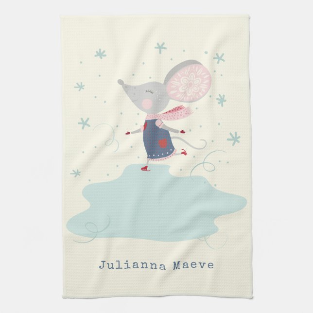 Whimsical Ice Skater Mouse Holiday Name Custom Kitchen Towel (Vertical)