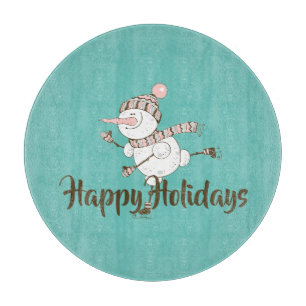 Whimsical Ice Skating Snowman Customizable  Cutting Board