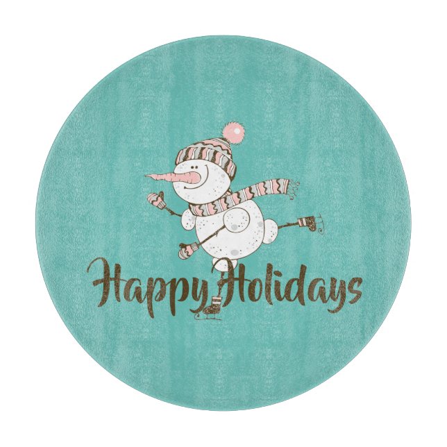 Whimsical Ice Skating Snowman Customizable  Cutting Board (Front)
