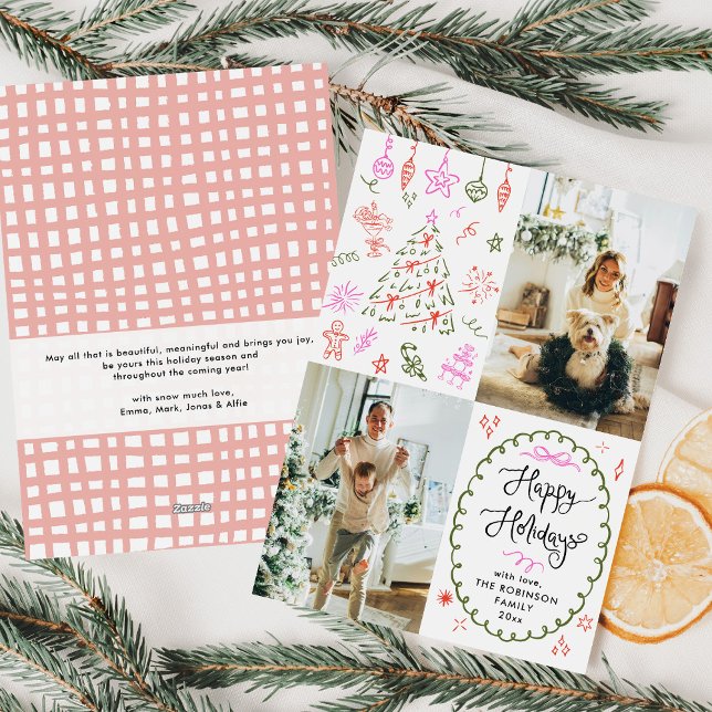 Whimsical Icons Hand Drawn Happy Holidays 2 Photo Holiday Card (Creator Uploaded)