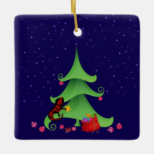 Whimsical Iguana Oh Christmas Tree  Ceramic Ornament (Front)