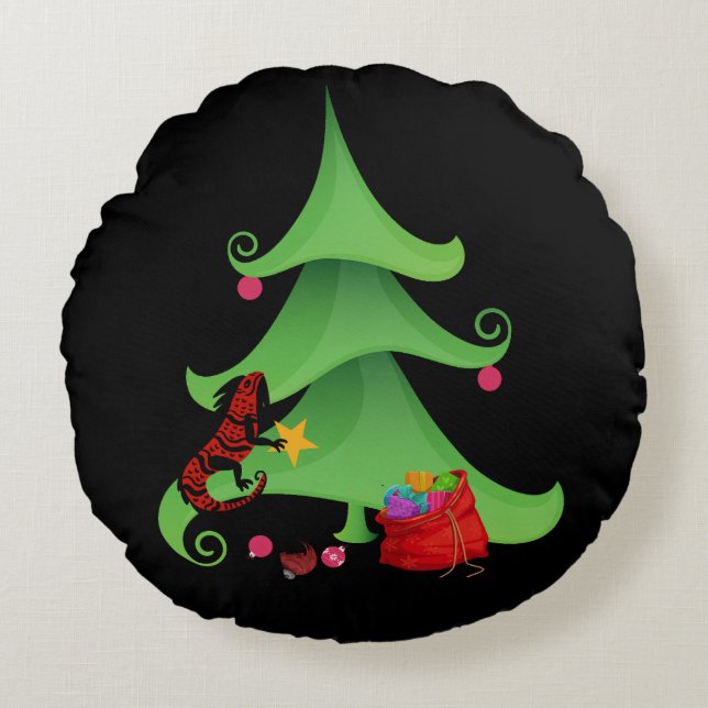 Whimsical Iguana Oh Christmas Tree Round Pillow (Front)