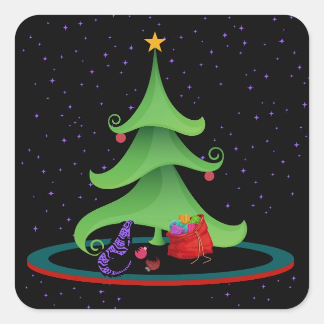 Whimsical Iguana Oh Christmas Tree Star On Top Square Sticker (Front)