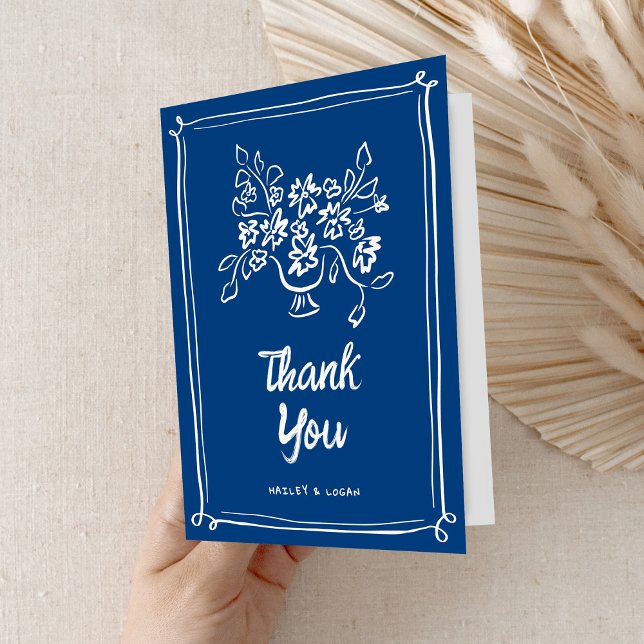 Whimsical Illustrated Blue Hand-drawn Fun Wedding Thank You Card (Creator Uploaded)