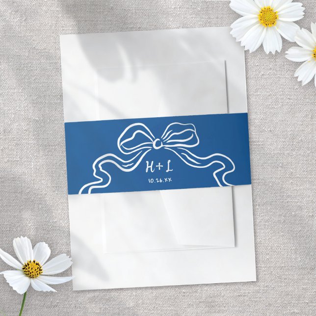 Whimsical Illustrated Bow Blue Modern Fun Wedding  Invitation Belly Band (Creator Uploaded)