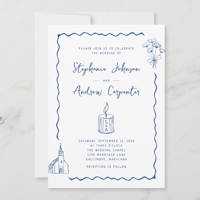 Whimsical Illustrated Cobalt Blue Wedding Invitation (Front)
