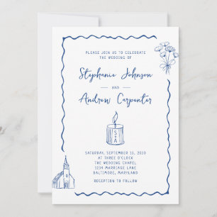 Whimsical Illustrated Cobalt Blue Wedding Invitation