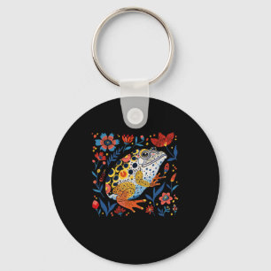 Whimsical Illustrated Frog With Vibrant Floral Bac Keychain