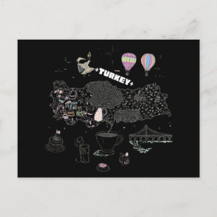 Whimsical Illustrated Map of Turkey Travel Postcard