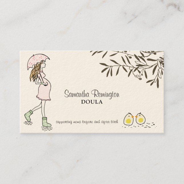 Whimsical Illustrated Midwife Doula Pregnant Mom B Business Card (Front)