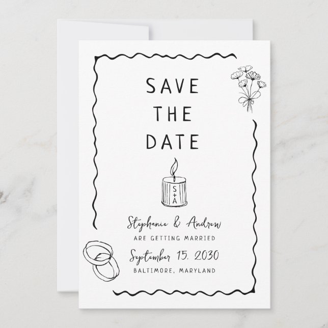 Whimsical Illustrated Wedding Save the Date Invitation (Front)