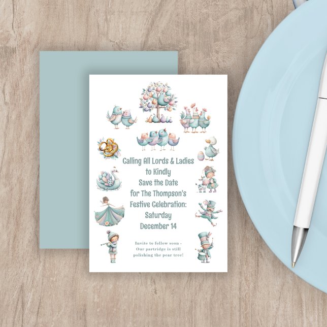 Whimsical Illustration 12 Days of Christmas Save The Date (Front and back view)