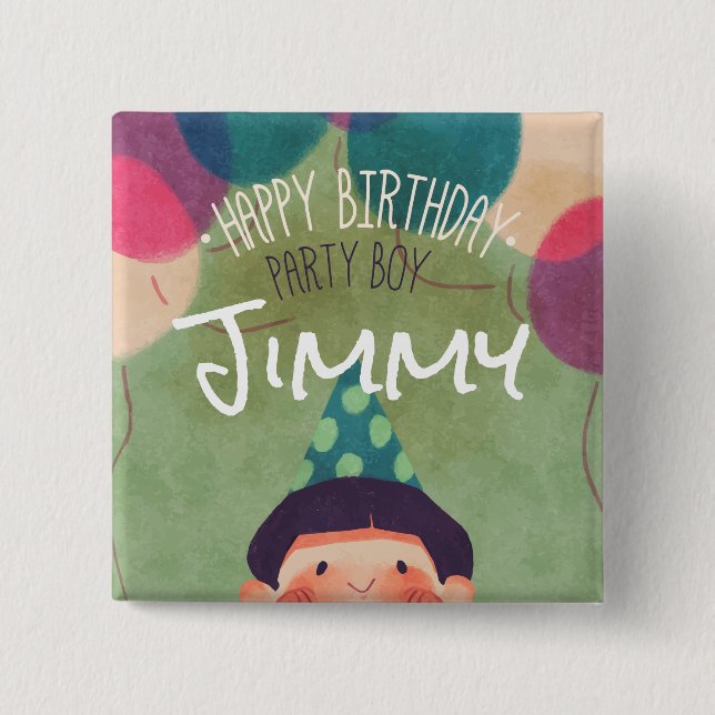 Whimsical Illustration Happy Birthday Party Boy 2 Inch Square Button (Front)