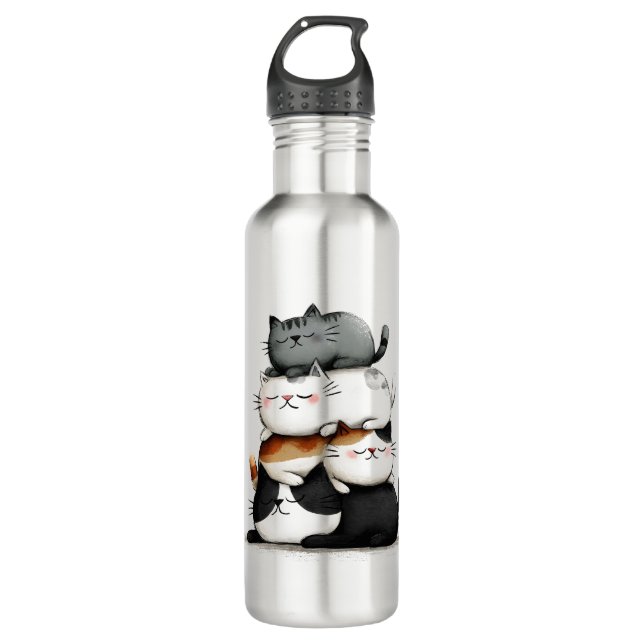 Whimsical Illustration of a Stack of Adorable Cats 710 Ml Water Bottle (Front)