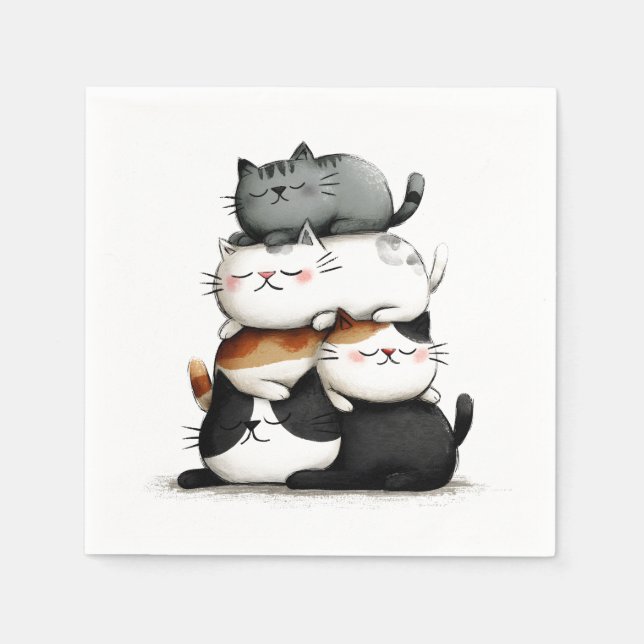 Whimsical Illustration of a Stack of Adorable Cats Napkin (Front)