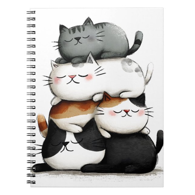 Whimsical Illustration of a Stack of Adorable Cats Notebook (Front)