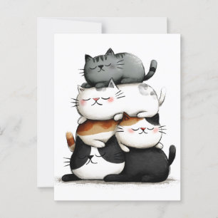 Whimsical Illustration of a Stack of Adorable Cats Postcard