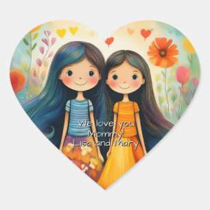 Whimsical illustration of two girls Mother’s Day Heart Sticker