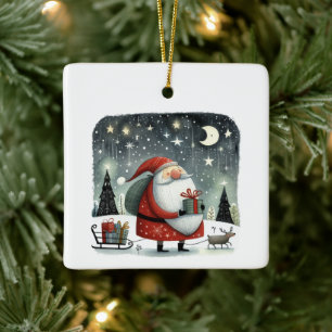 Whimsical Illustration Santa Claus with Gifts Ceramic Ornament