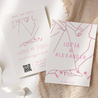 Whimsical Illustration With QR Code RSVP Wedding Invitation