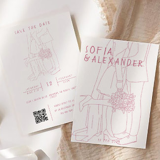 Whimsical Illustration With QR Code RSVP Wedding Invitation